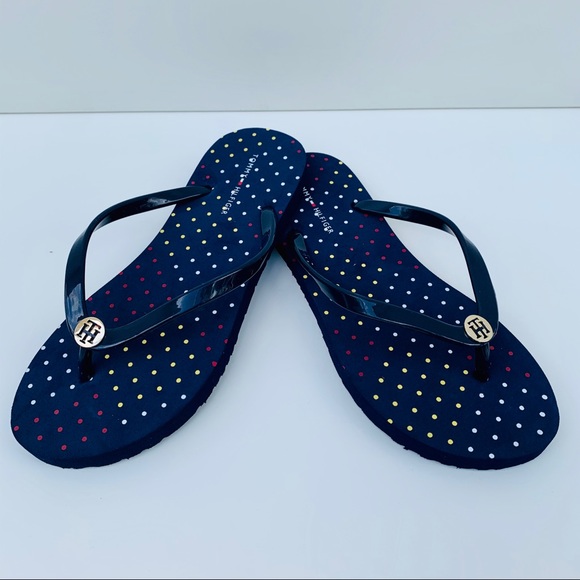 Tommy Hilfiger Flip Flop Navy/Color dots/Gold Sz 7 - Picture 12 of 12
